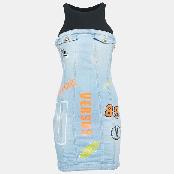 Versus Versace Dresses & Skirts - Versus Versace Blue Logo Print Denim & Crepe Sleeveless Mini Dress S